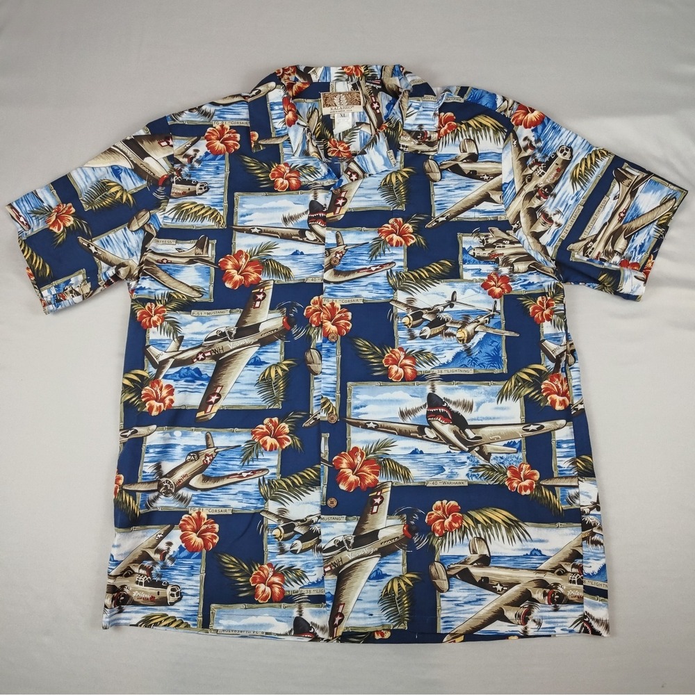 Y2K VTG Kalaheo Hawaiian Shirt Mens XL WWII Fighter Jets Planes Hawaii S/S